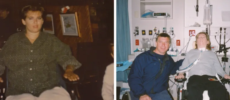 Left: Susan Marshall. Right: Rick Hansen visiting Susan in the hospital.
